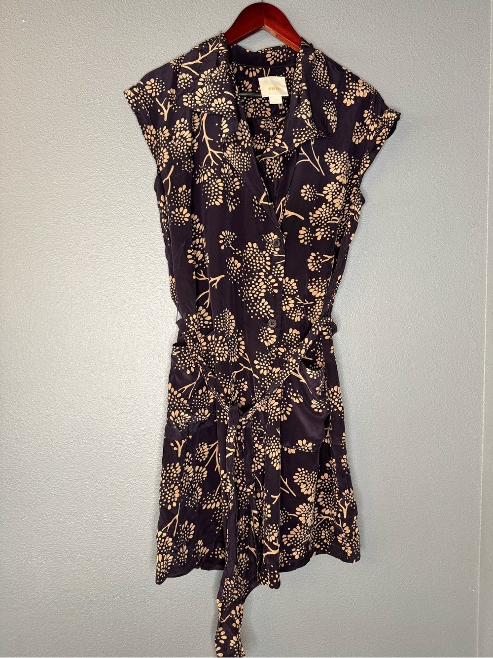 Maeve Anthropologie Silk Wrap Dress Womens 10 Navy Floral Tie Waist
